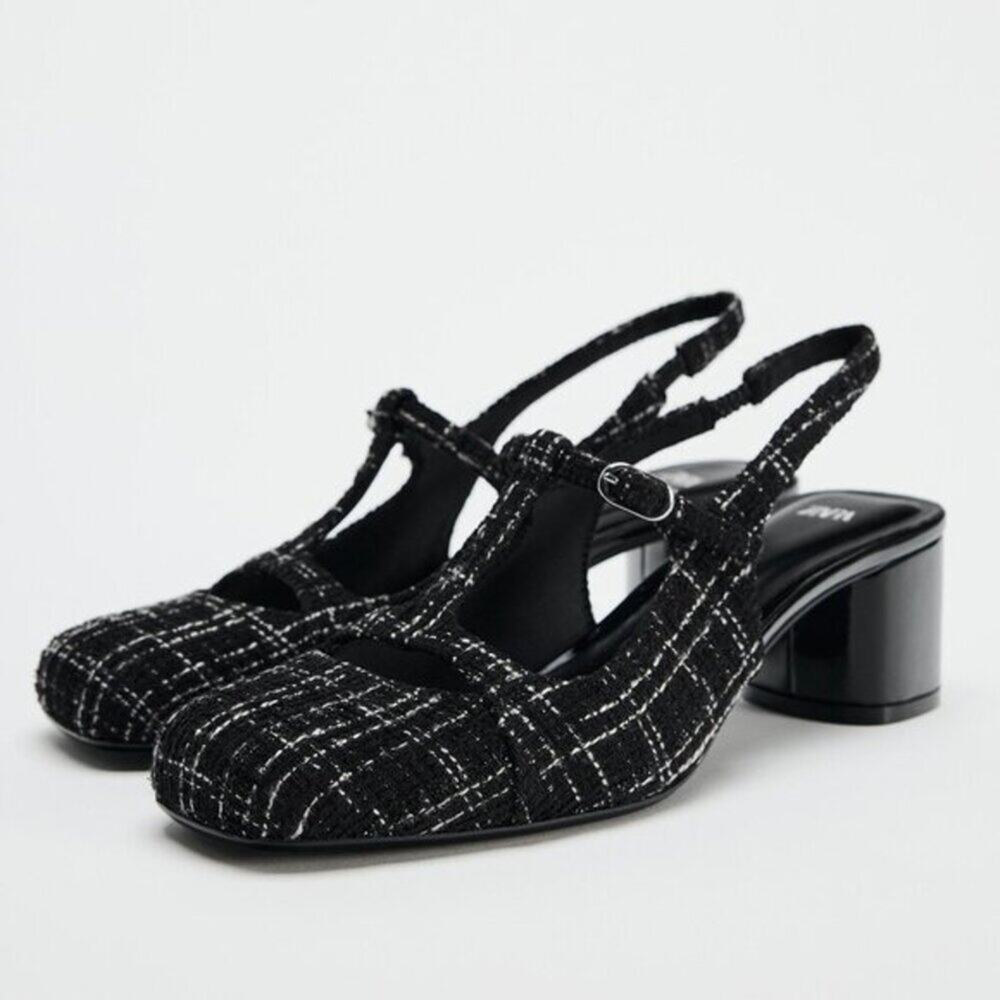 ZARA Textured Slingbacks NWT 🖤 Tweed Fabric Block Heel Size 7.5 8 - Picture 14 of 16